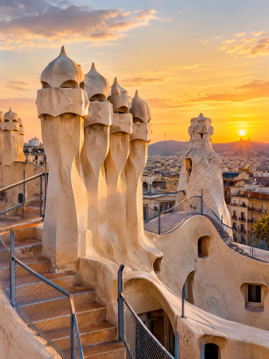 Sculpted chimneys on a Gaudí rooftop in Barcelona at sunset