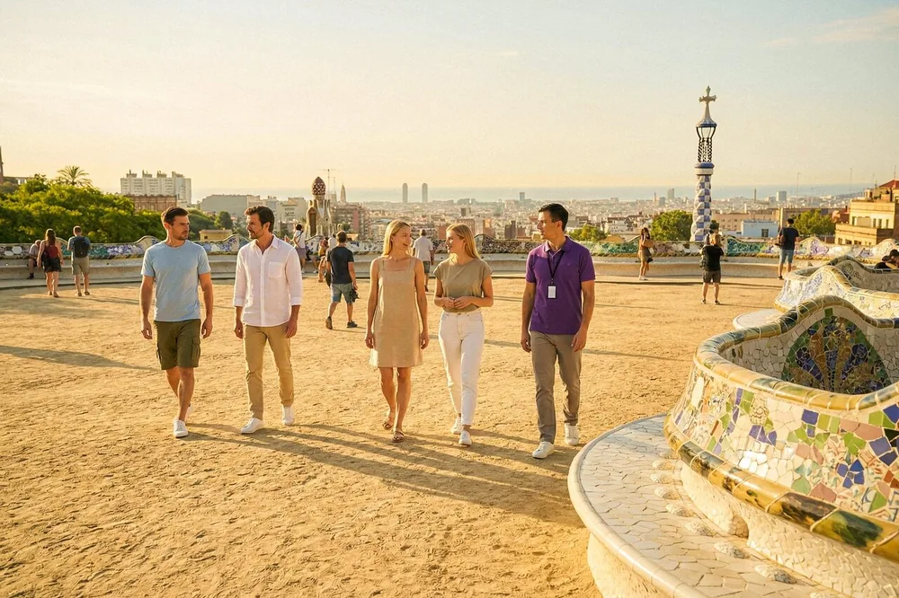 Visitors walking on the terrace of Park Güell next to the mosaic serpentine bench