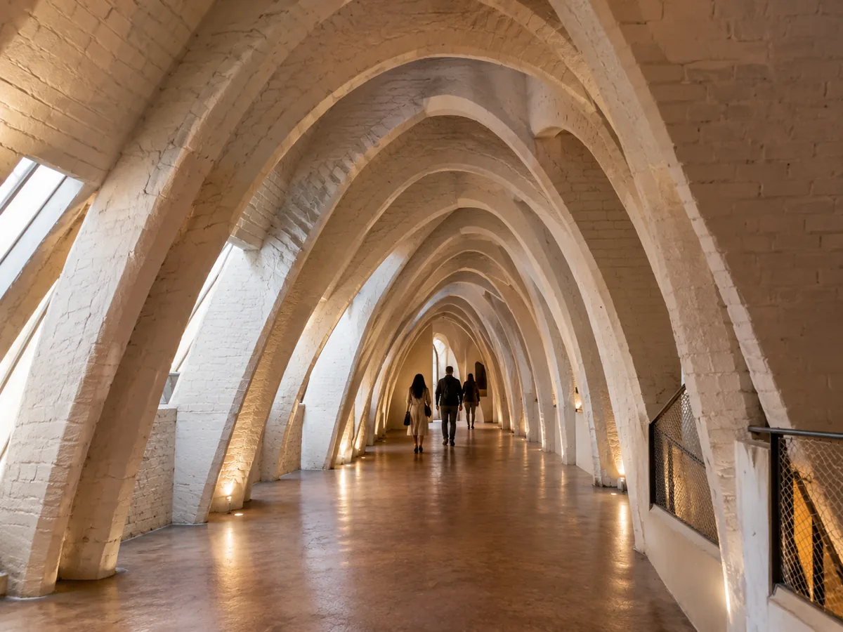 White brick catenary arches in a Gaudí attic